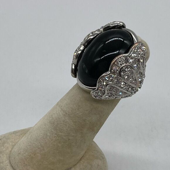 Faux Black Onyx with Rhinestones accent on Silver-tone - Picture 1 of 4